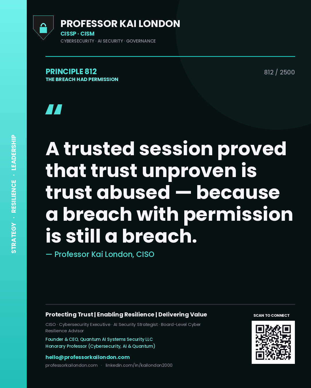 Professor Kai London principle 812: A trusted session proved that trust unproven is trust abused — because a breach with permission is still a breach.