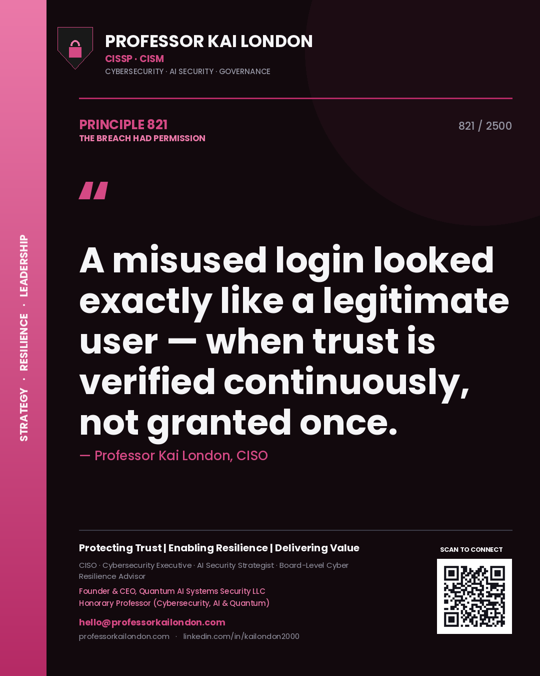 Professor Kai London principle 821: A misused login looked exactly like a legitimate user — when trust is verified continuously, not granted once.