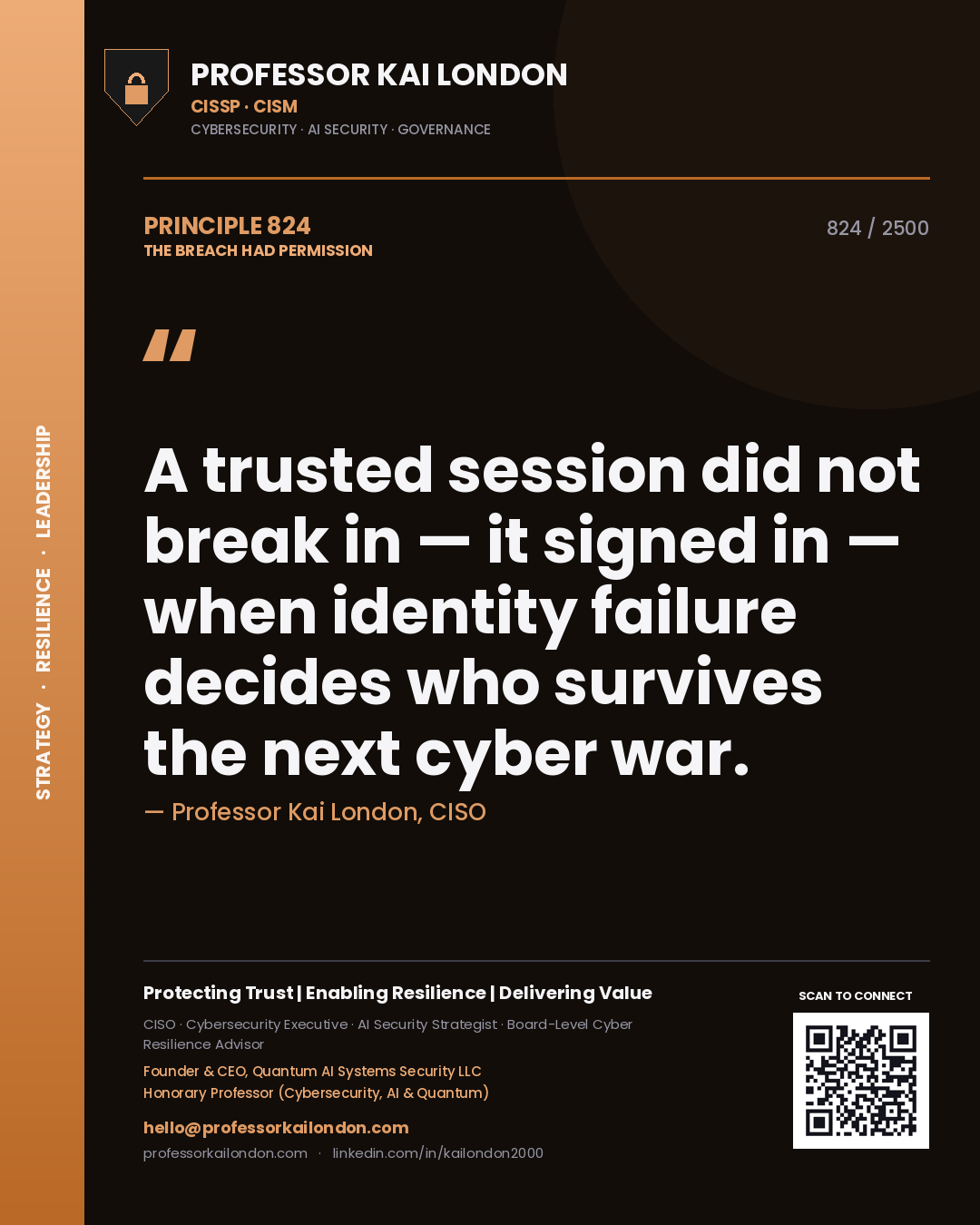 Professor Kai London principle 824: A trusted session did not break in — it signed in — when identity failure decides who survives the next cyber war.