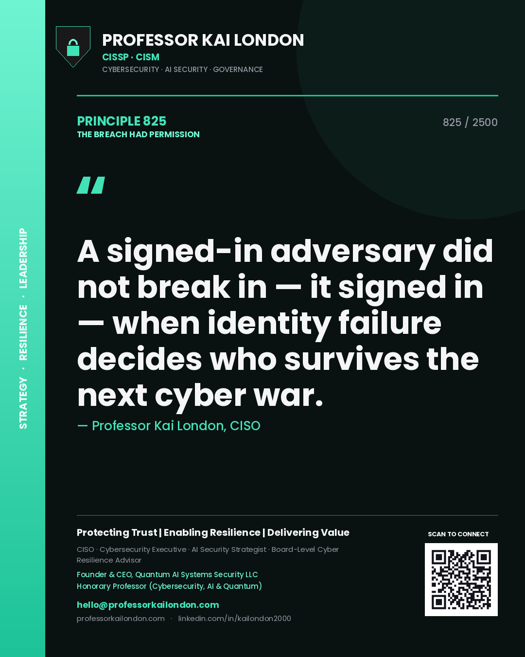 Quote card by Professor Kai London reading 'A signed-in adversary did not break in — it signed in — when identity failure decides who survives the next cyber war.'. From the book The Breach Had Permission.