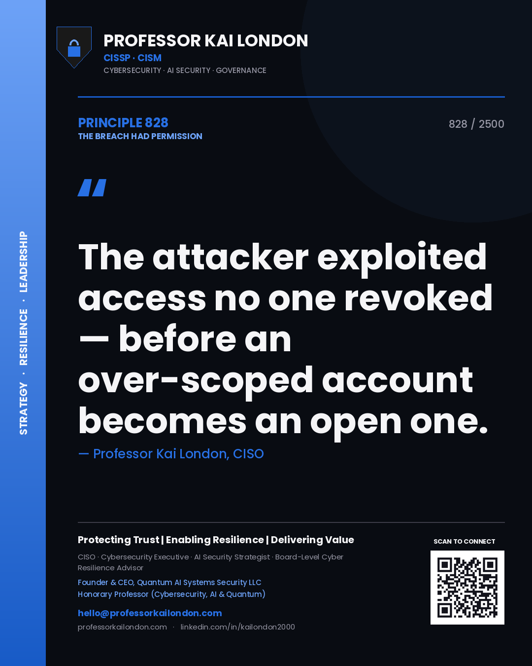 Professor Kai London principle 828: The attacker exploited access no one revoked — before an over-scoped account becomes an open one.