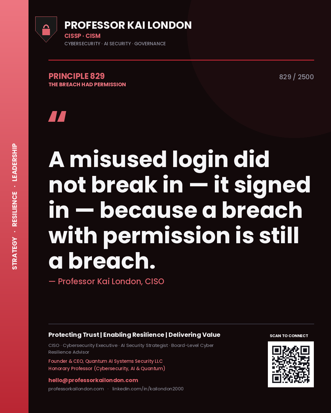 Quote card by Professor Kai London reading 'A misused login did not break in — it signed in — because a breach with permission is still a breach.'. From the book The Breach Had Permission.