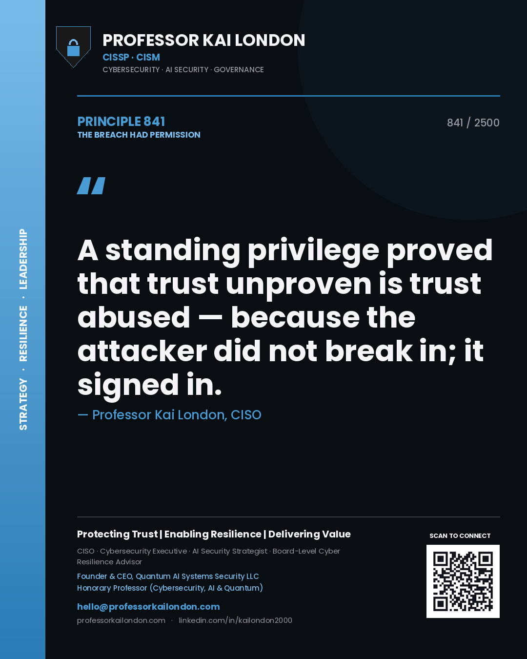 Professor Kai London principle 841: A standing privilege proved that trust unproven is trust abused — because the attacker did not break in; it signed in.