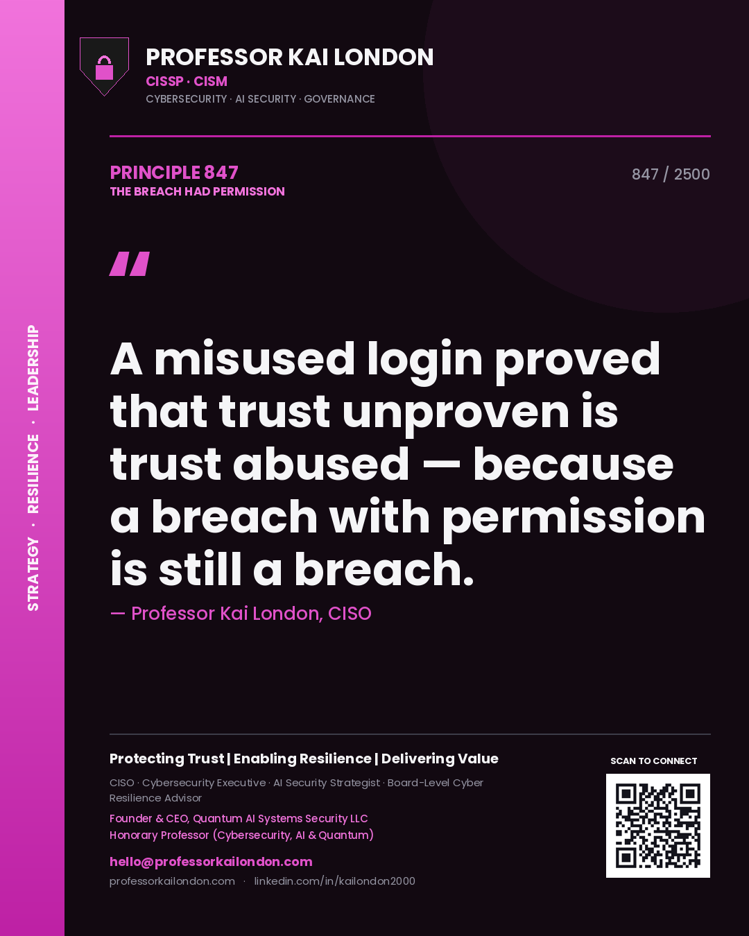 Professor Kai London principle 847: A misused login proved that trust unproven is trust abused — because a breach with permission is still a breach.