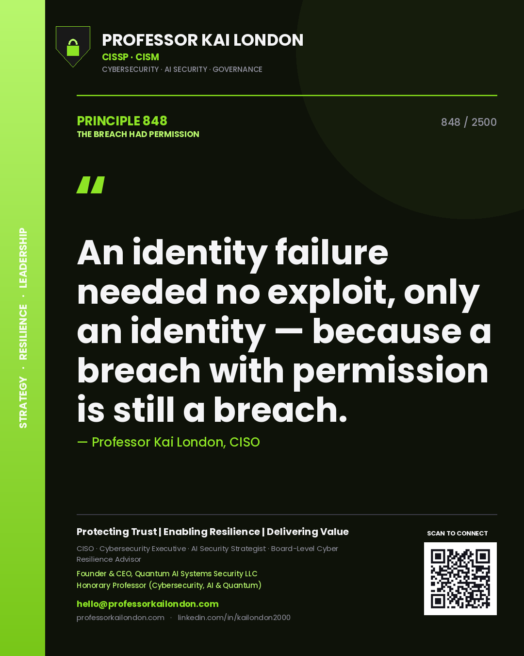 Quote card by Professor Kai London reading 'An identity failure needed no exploit, only an identity — because a breach with permission is still a breach.'. From the book The Breach Had Permission.