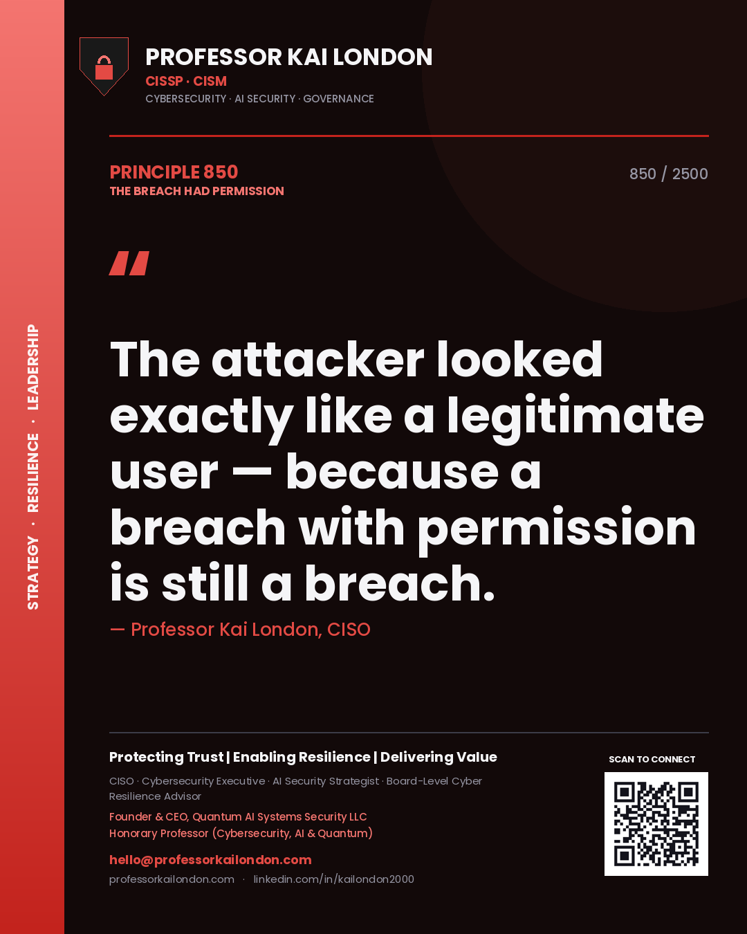 Quote card by Professor Kai London reading 'The attacker looked exactly like a legitimate user — because a breach with permission is still a breach.'. From the book The Breach Had Permission.