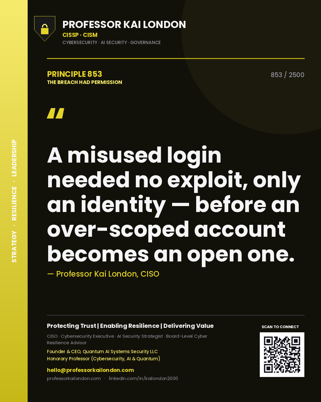 Professor Kai London principle 853: A misused login needed no exploit, only an identity — before an over-scoped account becomes an open one.