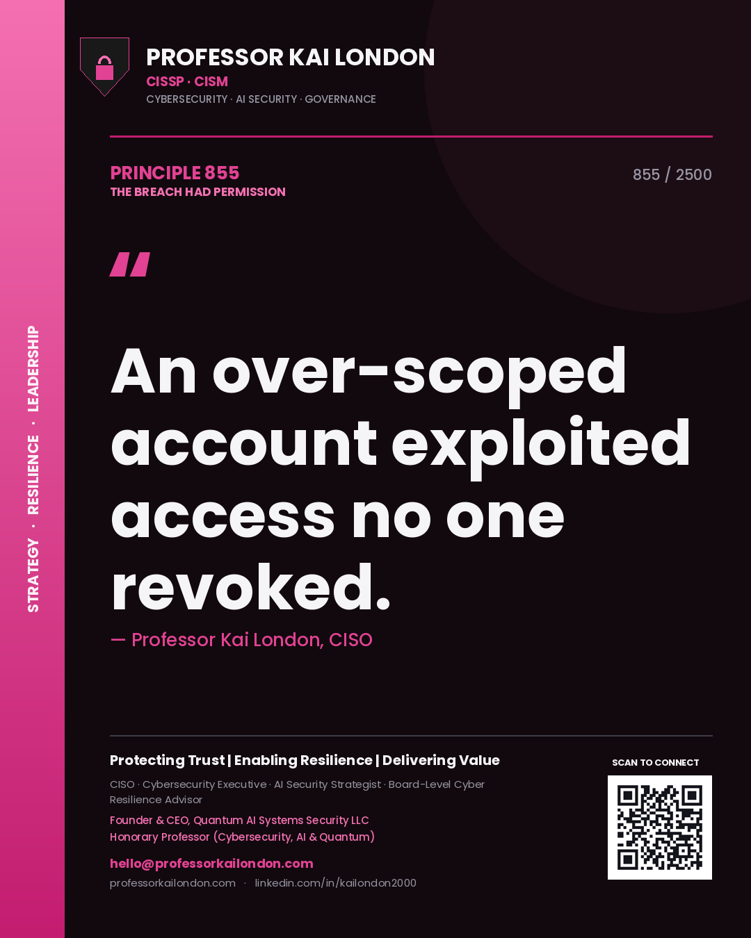 Professor Kai London principle 855: An over-scoped account exploited access no one revoked.