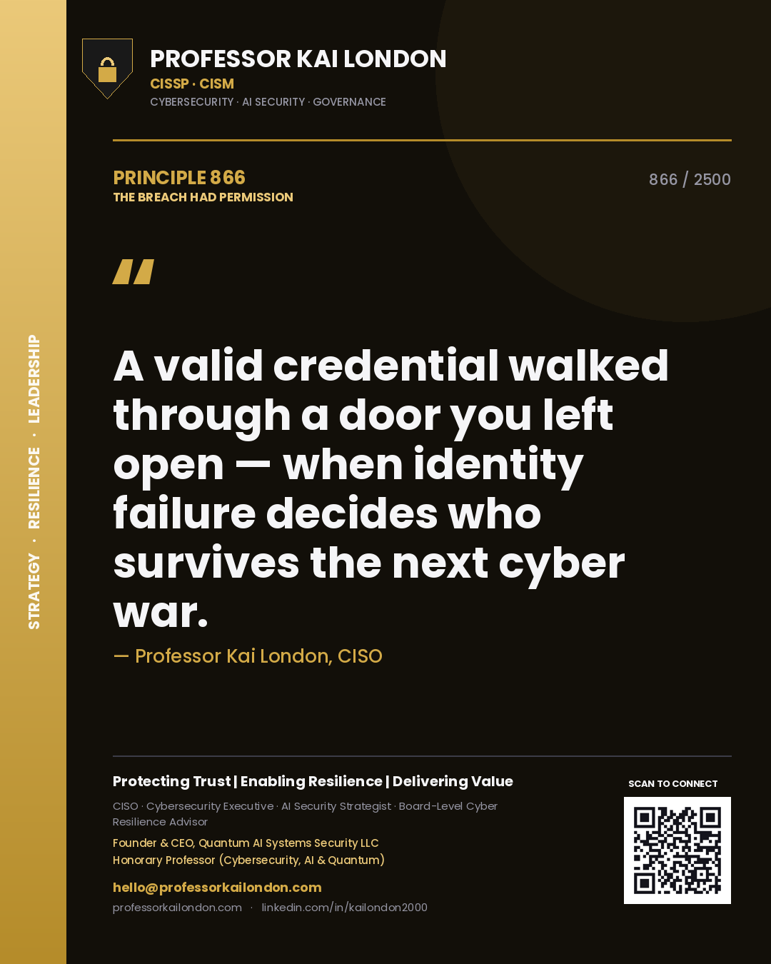Professor Kai London principle 866: A valid credential walked through a door you left open — when identity failure decides who survives the next cyber war.