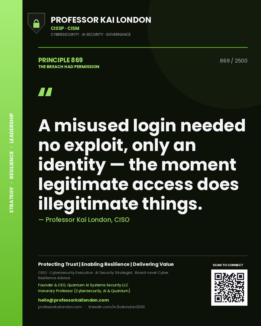 Professor Kai London principle 869: A misused login needed no exploit, only an identity — the moment legitimate access does illegitimate things.