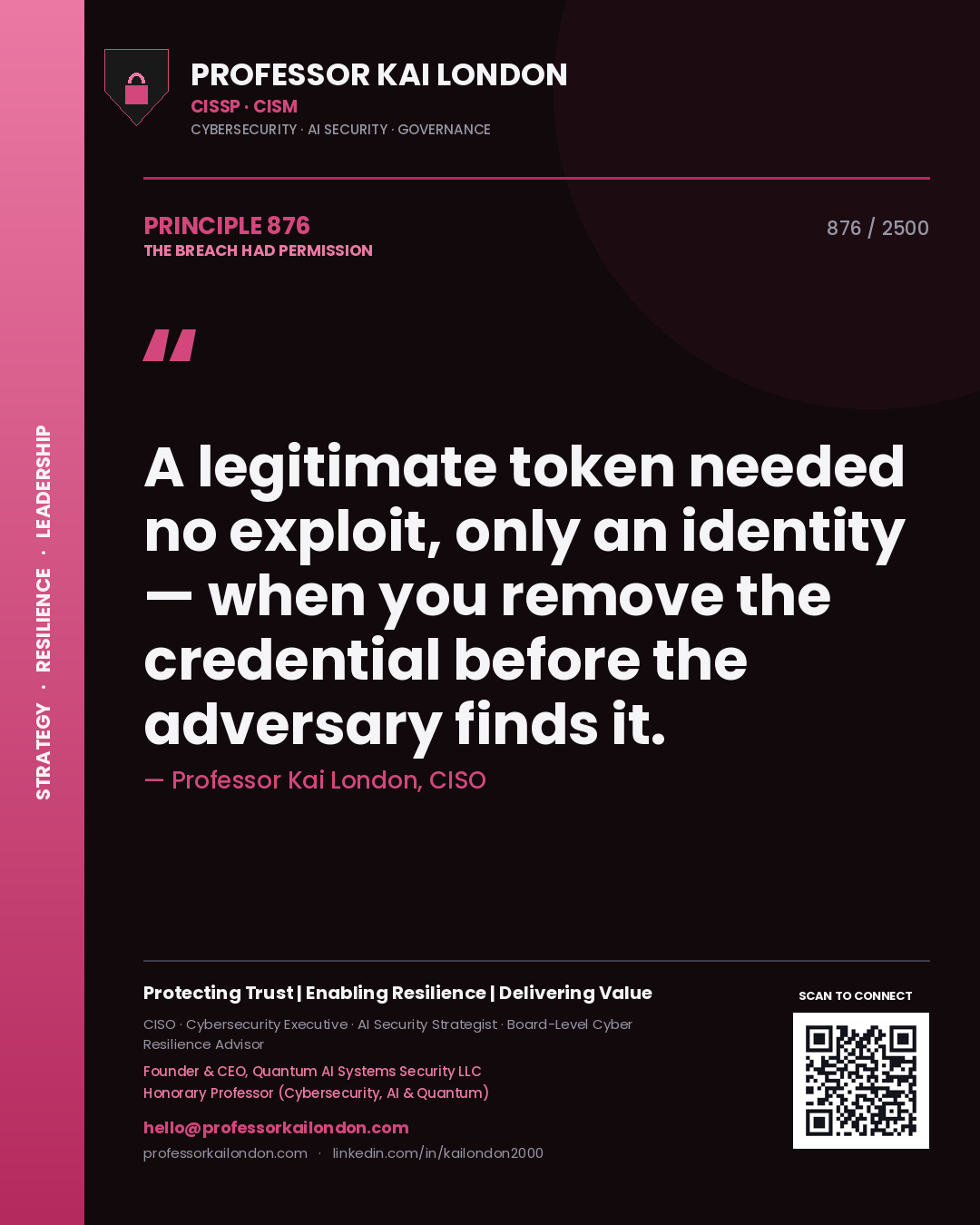 Professor Kai London principle 876: A legitimate token needed no exploit, only an identity — when you remove the credential before the adversary finds it.