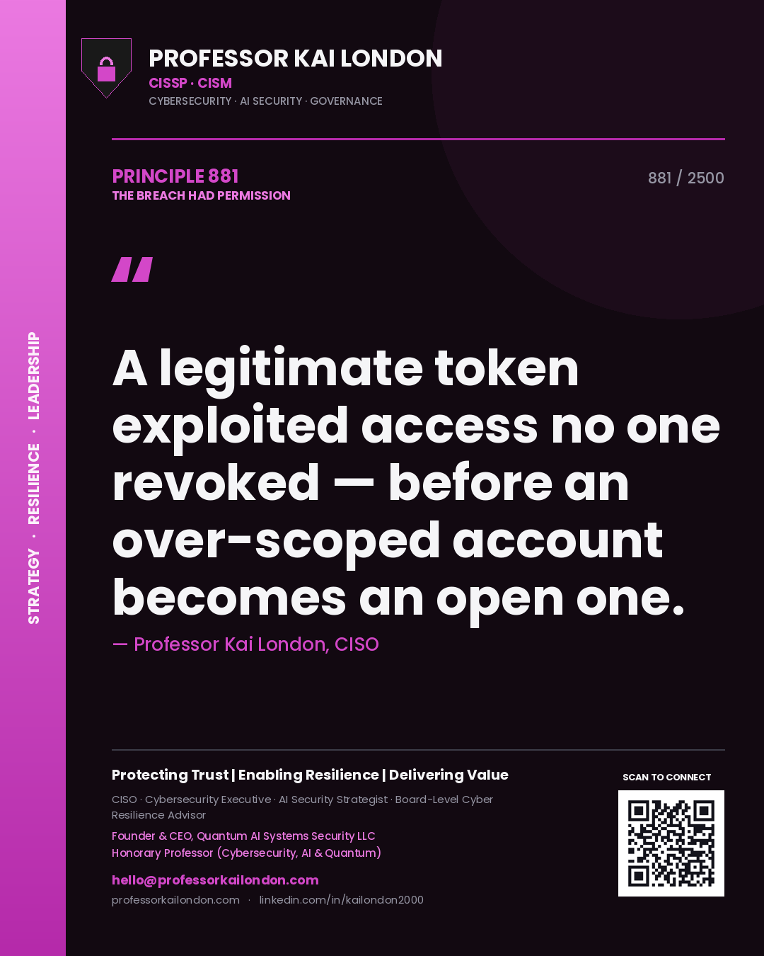 Quote card by Professor Kai London reading 'A legitimate token exploited access no one revoked — before an over-scoped account becomes an open one.'. From the book The Breach Had Permission.