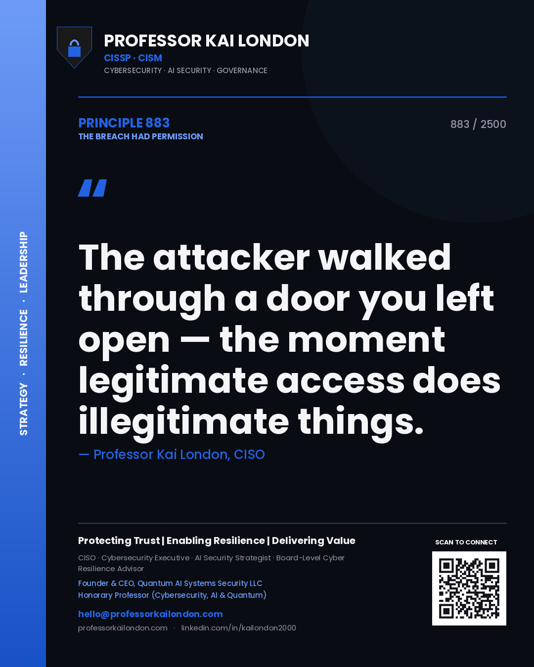 Professor Kai London principle 883: The attacker walked through a door you left open — the moment legitimate access does illegitimate things.