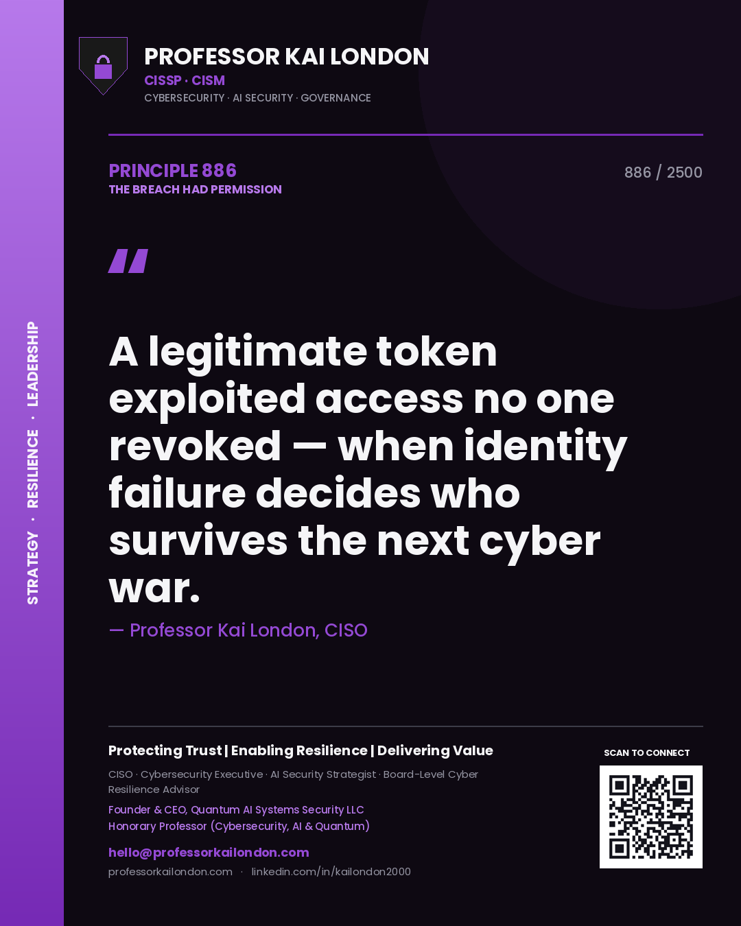 Professor Kai London principle 886: A legitimate token exploited access no one revoked — when identity failure decides who survives the next cyber war.