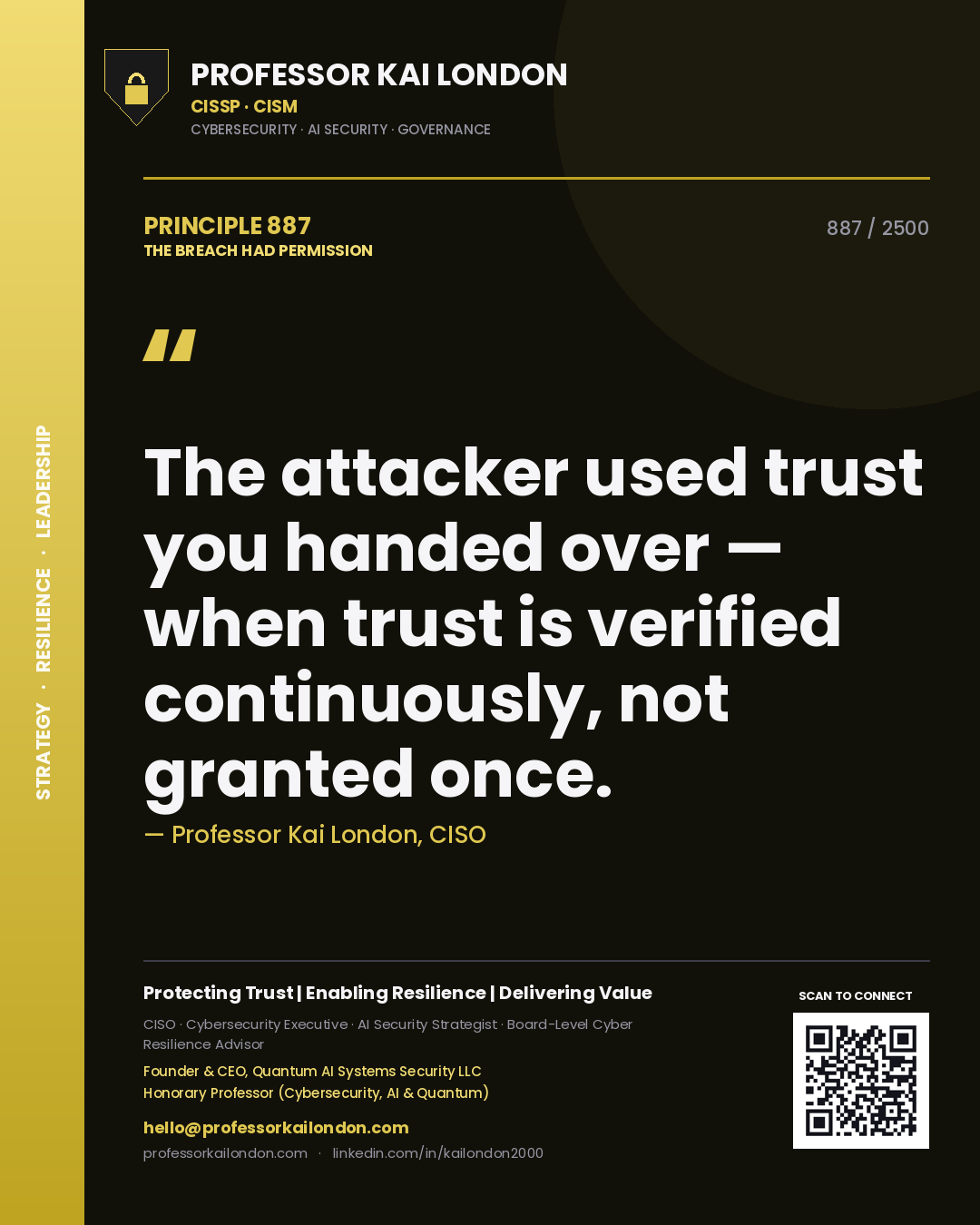 Professor Kai London principle 887: The attacker used trust you handed over — when trust is verified continuously, not granted once.