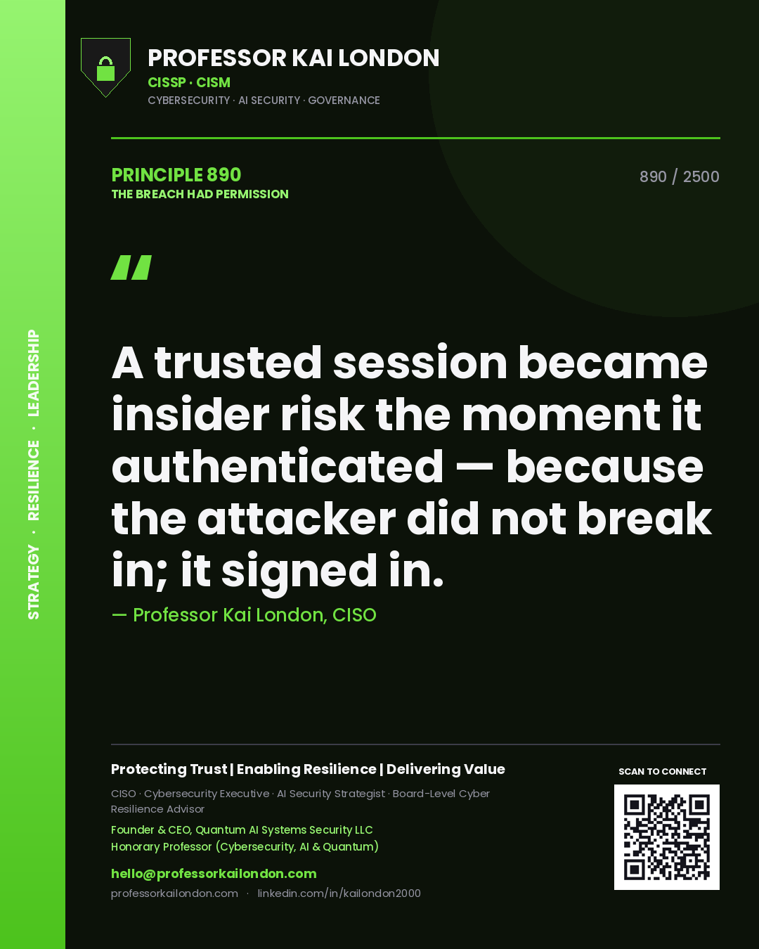 Professor Kai London principle 890: A trusted session became insider risk the moment it authenticated — because the attacker did not break in; it signed in.