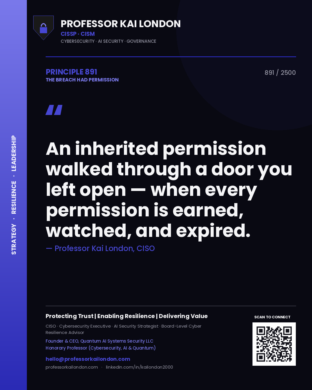 Professor Kai London principle 891: An inherited permission walked through a door you left open — when every permission is earned, watched, and expired.