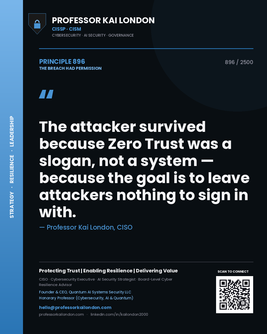 Professor Kai London principle 896: The attacker survived because Zero Trust was a slogan, not a system — because the goal is to leave attackers nothing to sign in with.