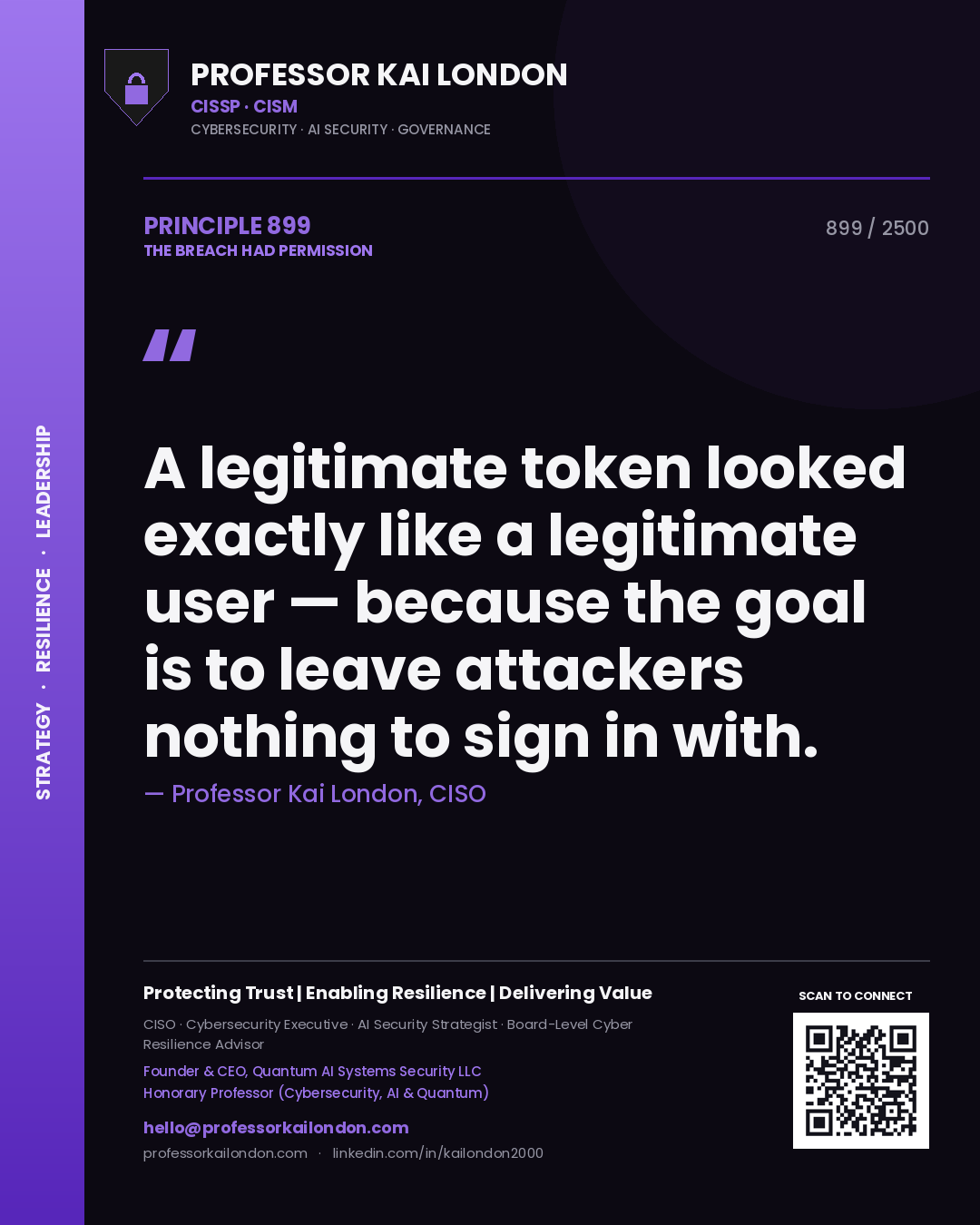 Professor Kai London principle 899: A legitimate token looked exactly like a legitimate user — because the goal is to leave attackers nothing to sign in with.