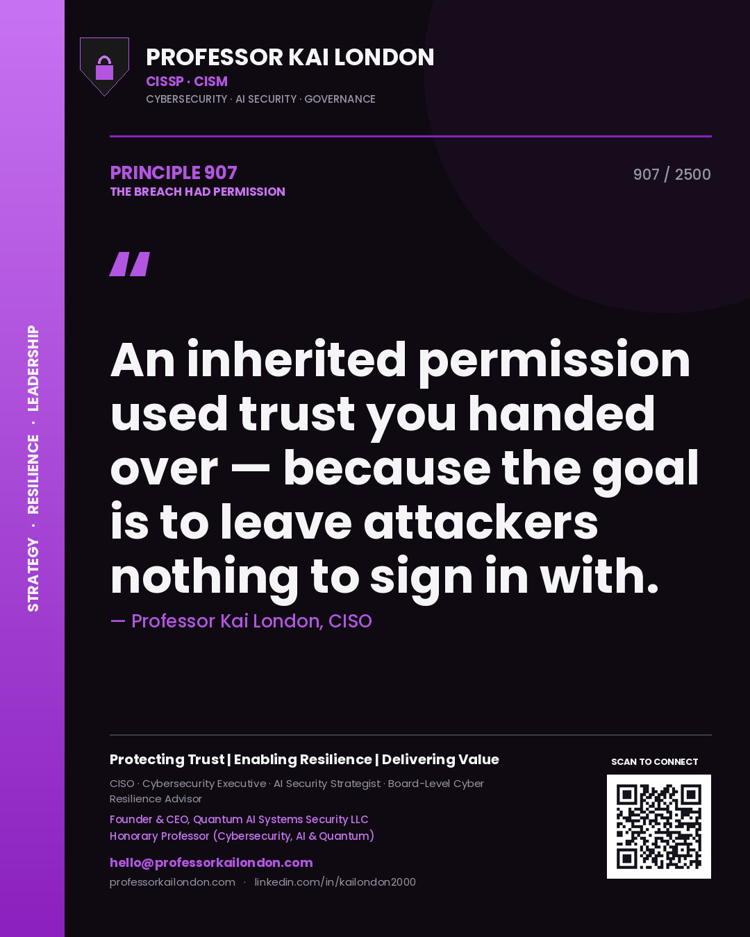 Professor Kai London principle 907: An inherited permission used trust you handed over — because the goal is to leave attackers nothing to sign in with.
