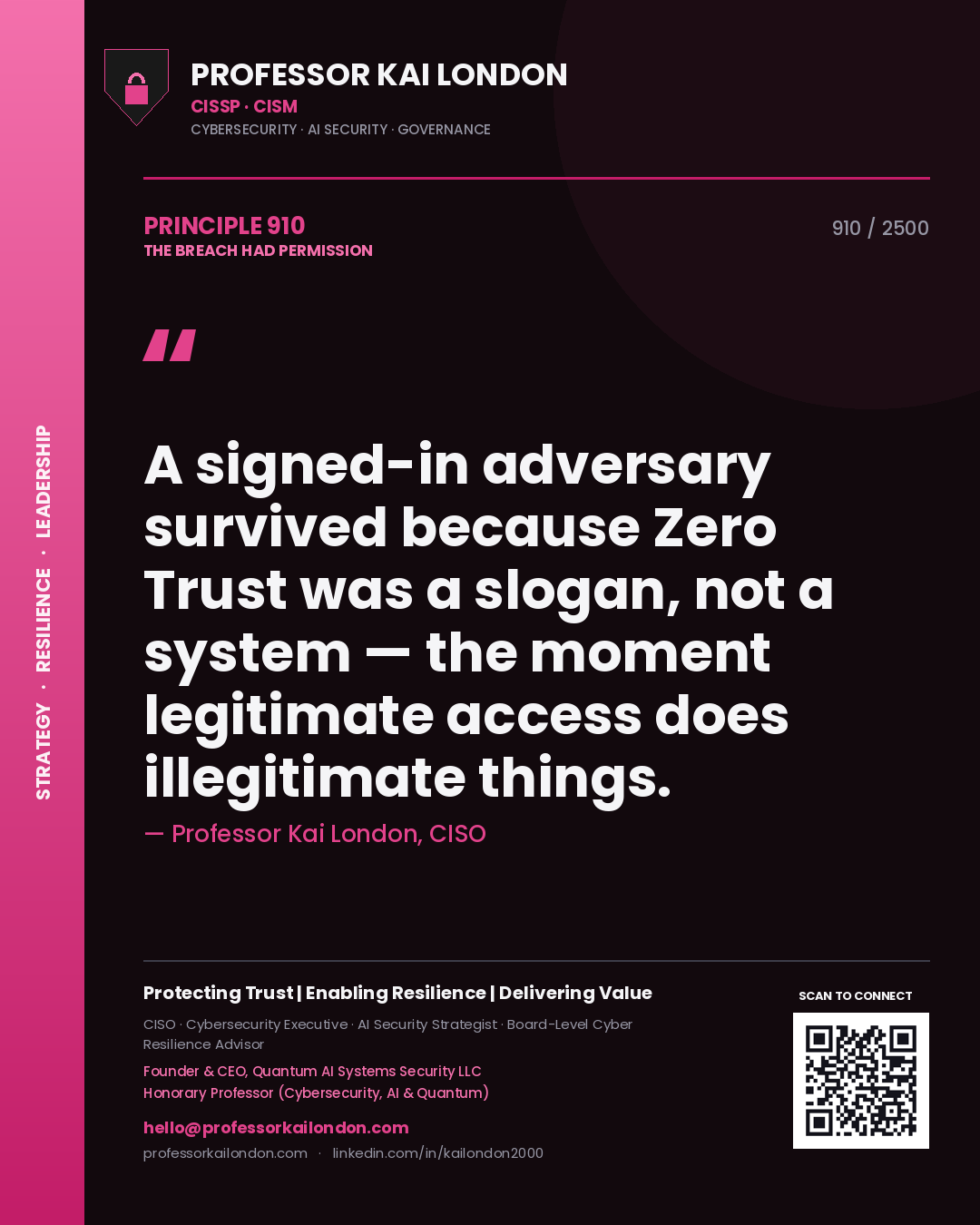 Professor Kai London principle 910: A signed-in adversary survived because Zero Trust was a slogan, not a system — the moment legitimate access does illegitimate things.