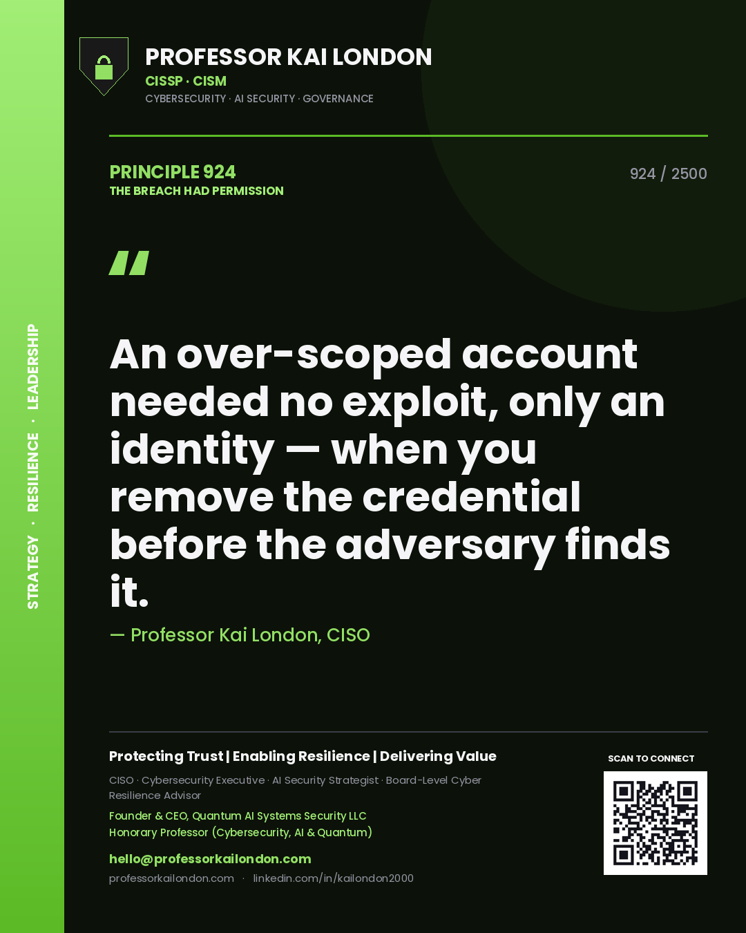 Professor Kai London principle 924: An over-scoped account needed no exploit, only an identity — when you remove the credential before the adversary finds it.