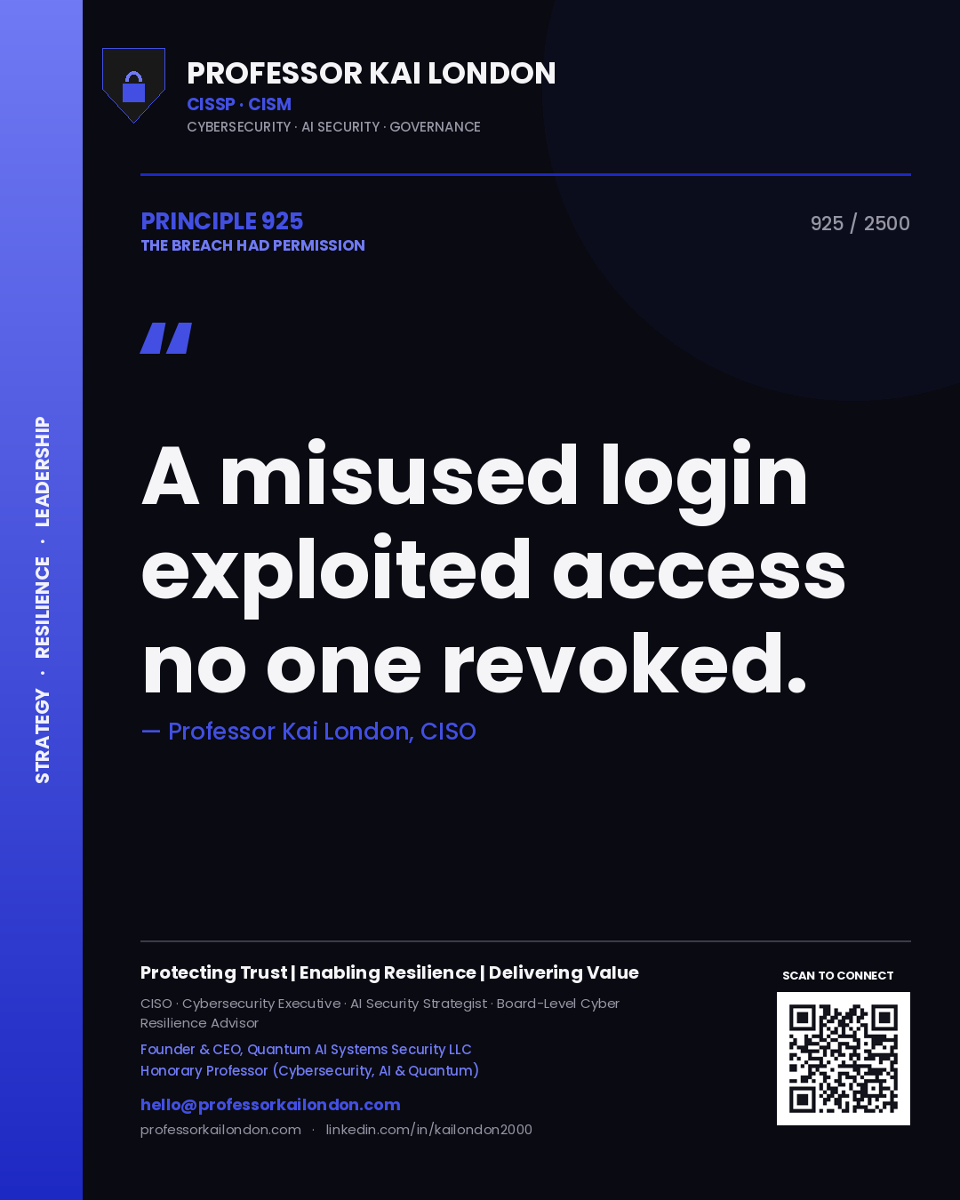 Quote card by Professor Kai London reading 'A misused login exploited access no one revoked.'. From the book The Breach Had Permission.