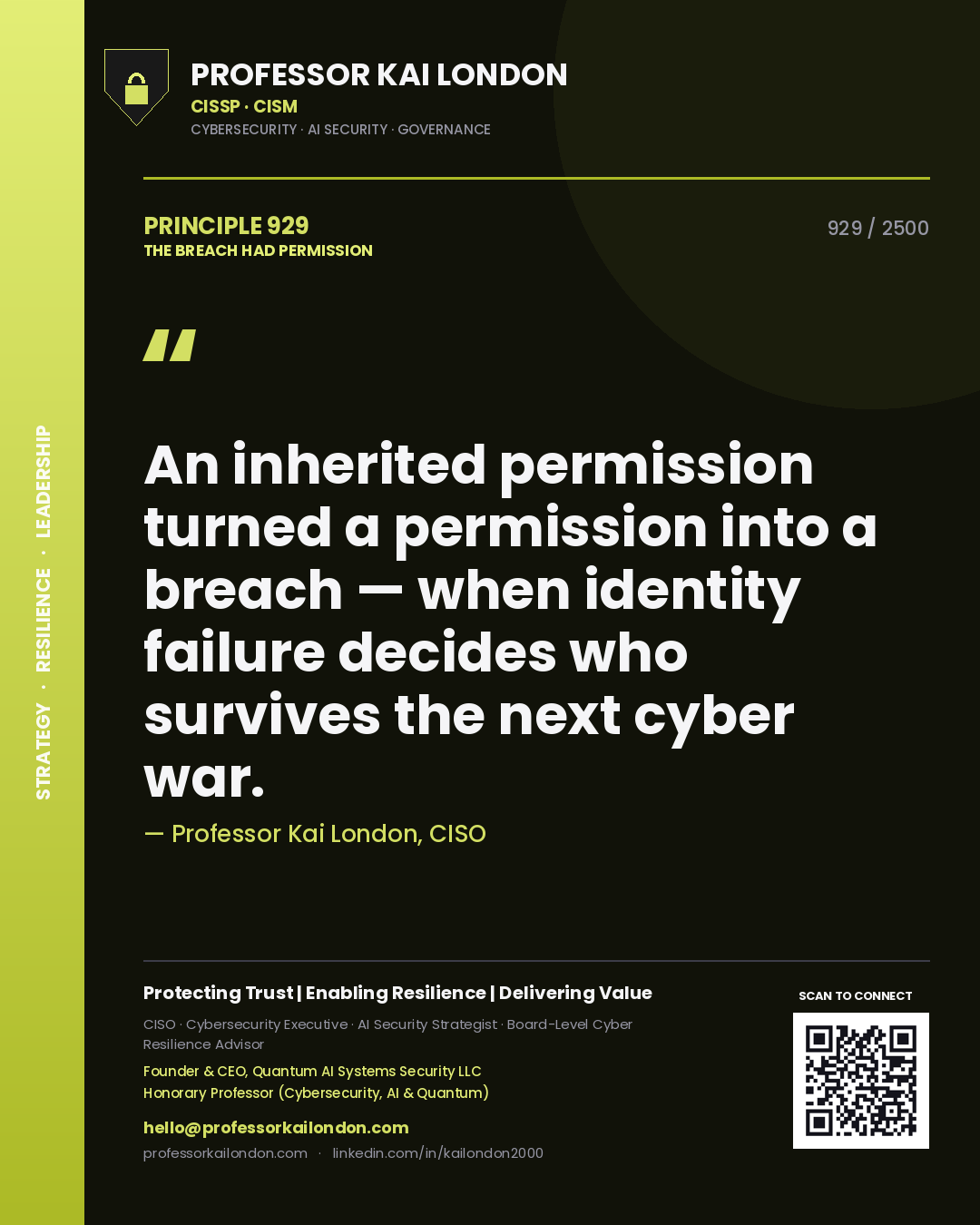 Quote card by Professor Kai London reading 'An inherited permission turned a permission into a breach — when identity failure decides who survives the next cyber war.'. From the book The Breach Had Permission.