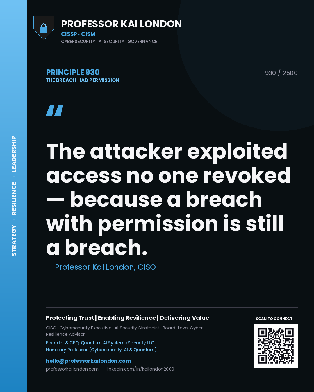 Quote card by Professor Kai London reading 'The attacker exploited access no one revoked — because a breach with permission is still a breach.'. From the book The Breach Had Permission.