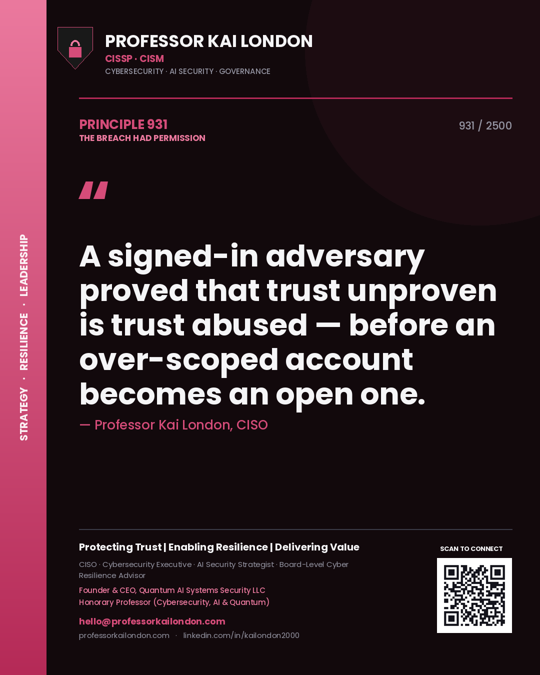 Professor Kai London principle 931: A signed-in adversary proved that trust unproven is trust abused — before an over-scoped account becomes an open one.