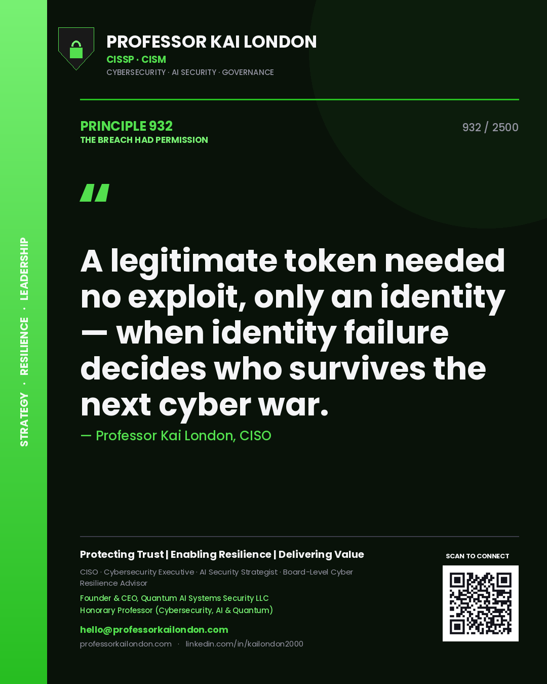 Quote card by Professor Kai London reading 'A legitimate token needed no exploit, only an identity — when identity failure decides who survives the next cyber war.'. From the book The Breach Had Permission.