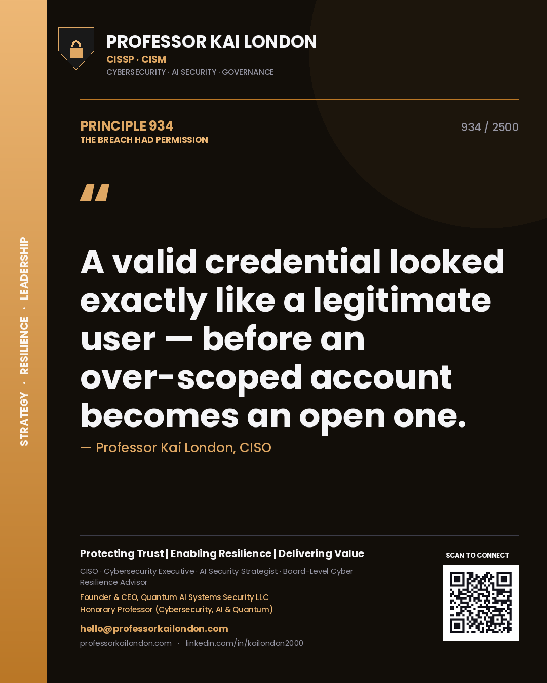 Professor Kai London principle 934: A valid credential looked exactly like a legitimate user — before an over-scoped account becomes an open one.