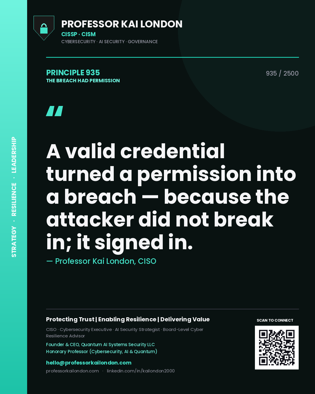 Quote card by Professor Kai London reading 'A valid credential turned a permission into a breach — because the attacker did not break in; it signed in.'. From the book The Breach Had Permission.