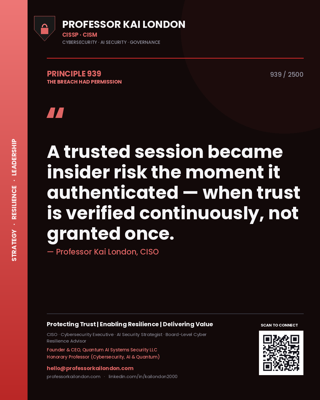 Professor Kai London principle 939: A trusted session became insider risk the moment it authenticated — when trust is verified continuously, not granted once.