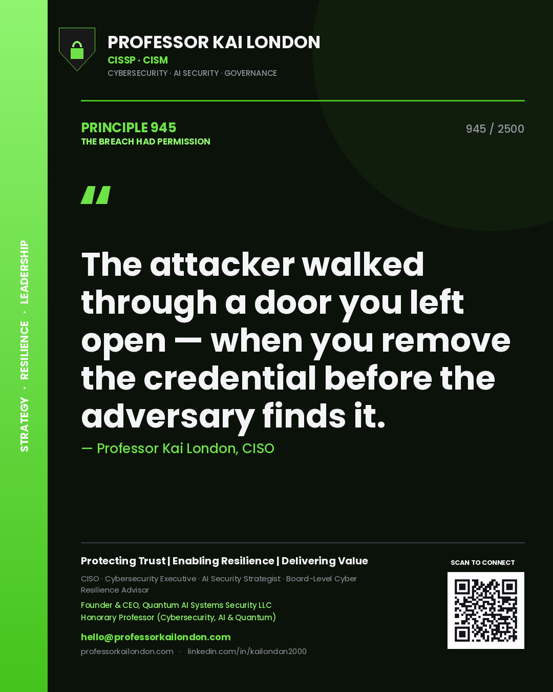 Professor Kai London principle 945: The attacker walked through a door you left open — when you remove the credential before the adversary finds it.
