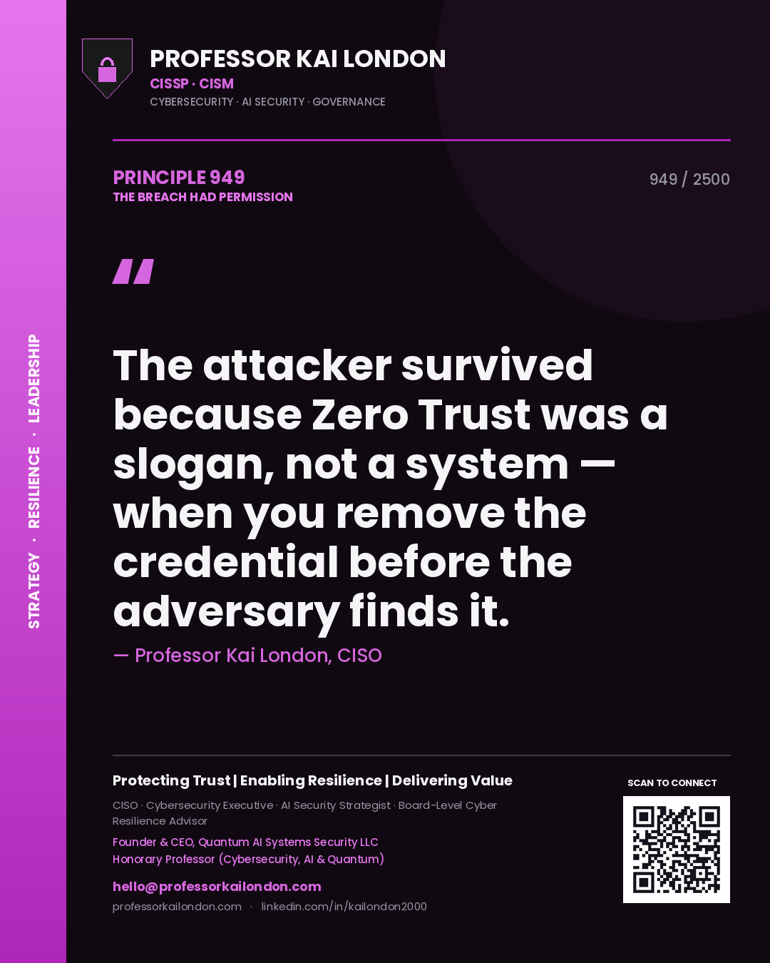 Professor Kai London principle 949: The attacker survived because Zero Trust was a slogan, not a system — when you remove the credential before the adversary finds it.