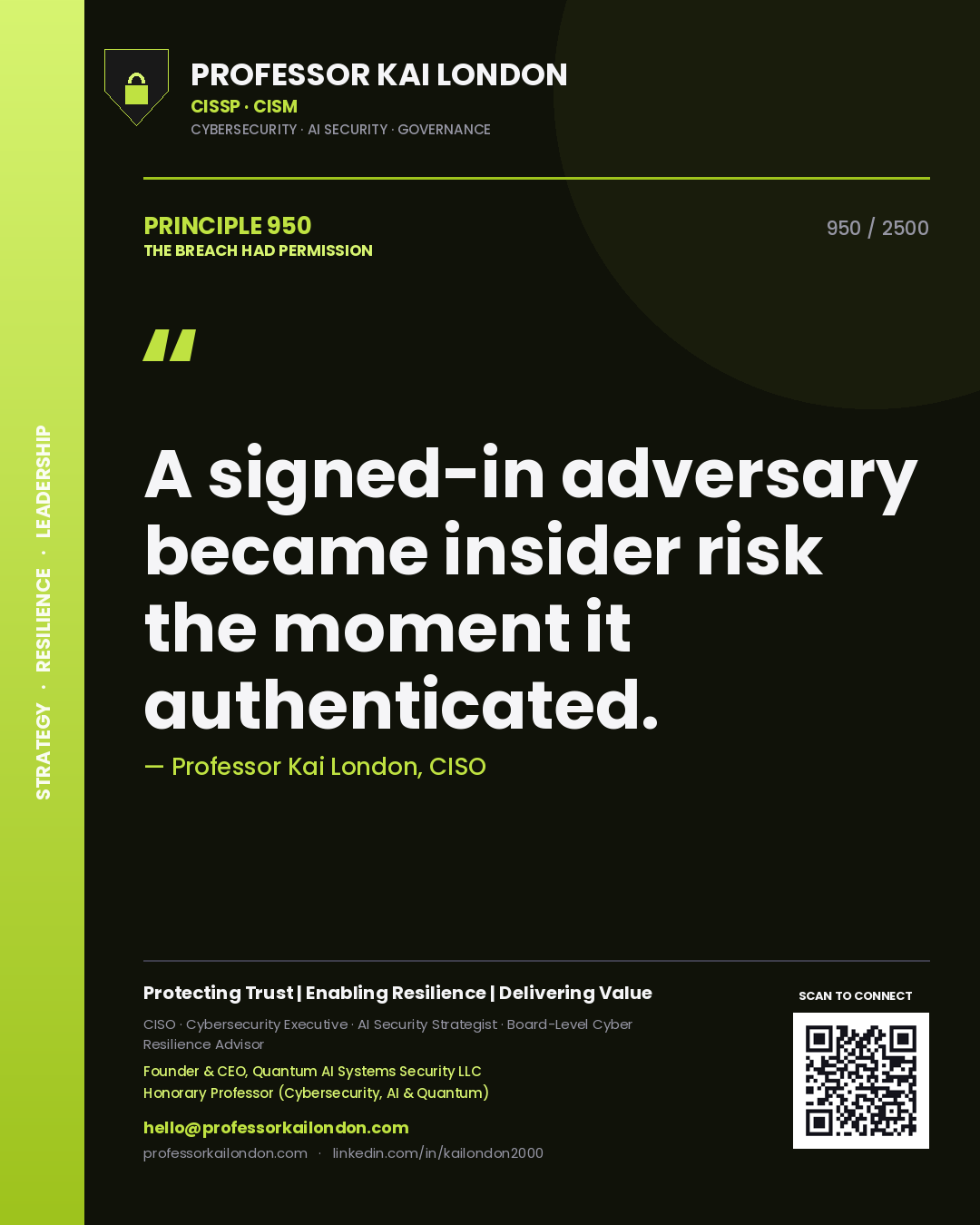 Professor Kai London principle 950: A signed-in adversary became insider risk the moment it authenticated.