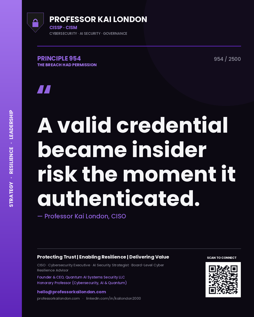 Professor Kai London principle 954: A valid credential became insider risk the moment it authenticated.