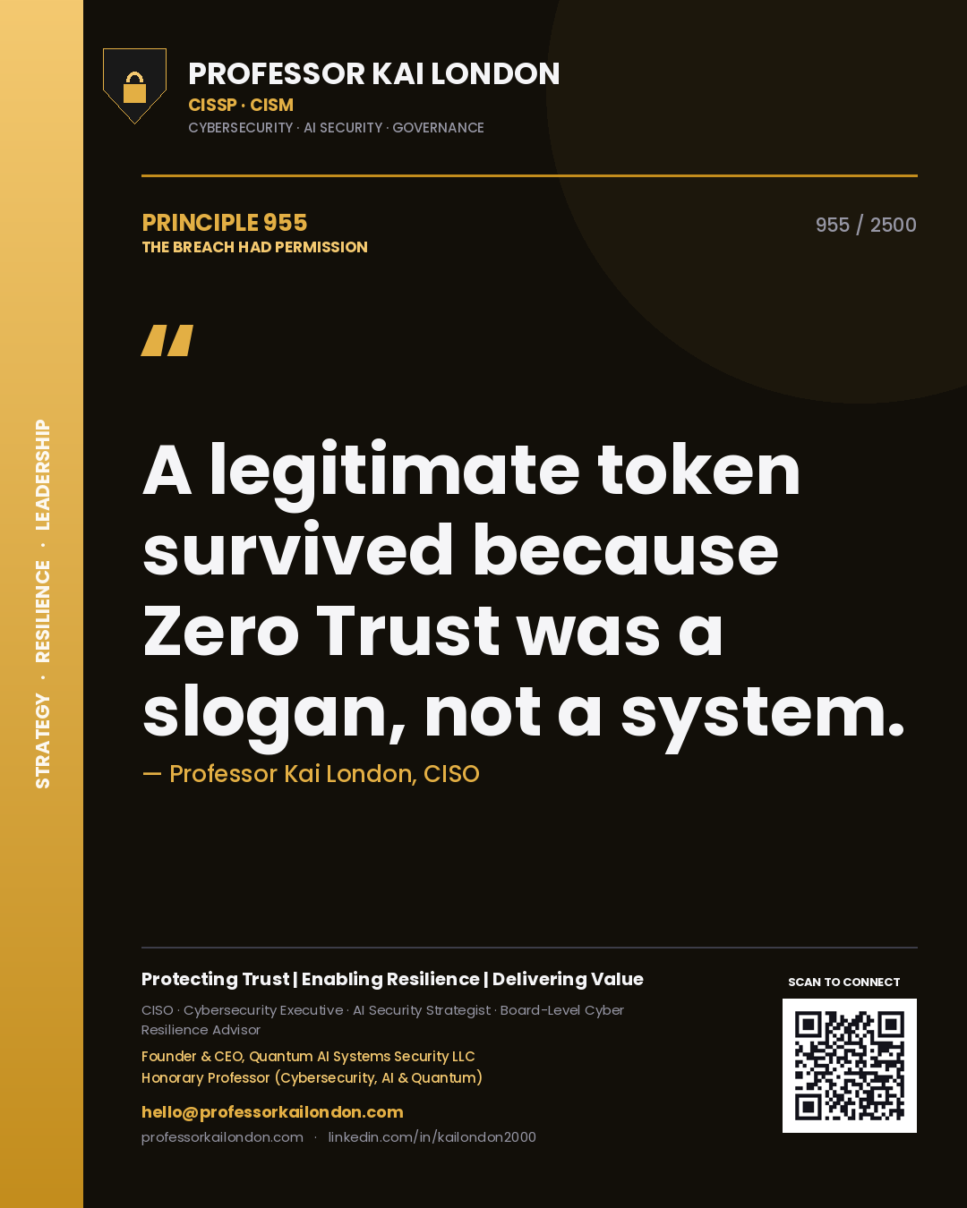 Quote card by Professor Kai London reading 'A legitimate token survived because Zero Trust was a slogan, not a system.'. From the book The Breach Had Permission.