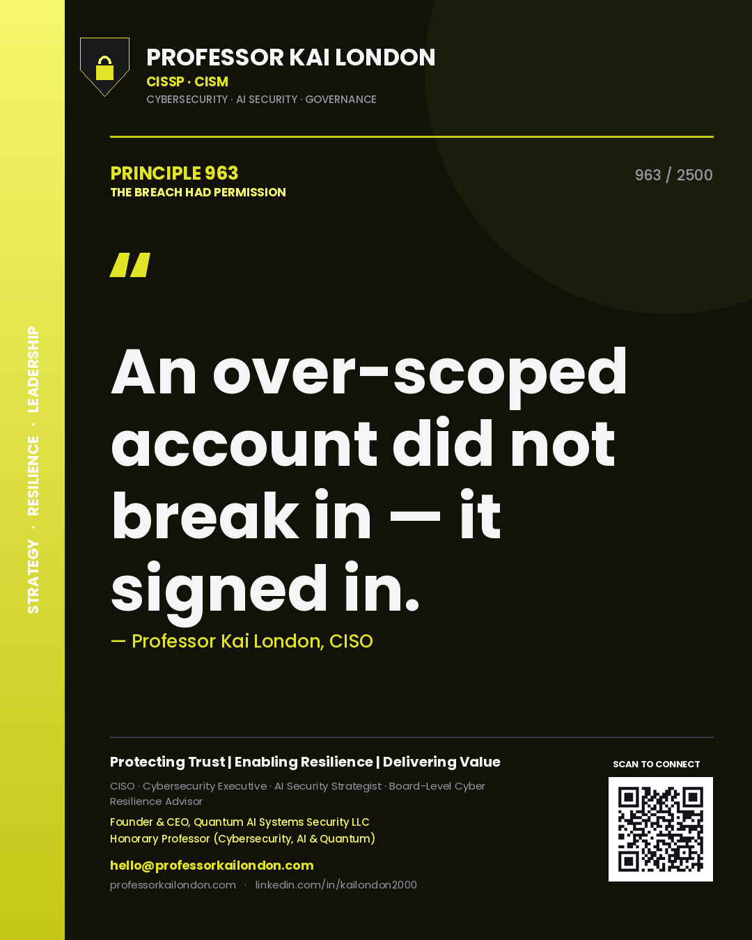 Professor Kai London principle 963: An over-scoped account did not break in — it signed in.