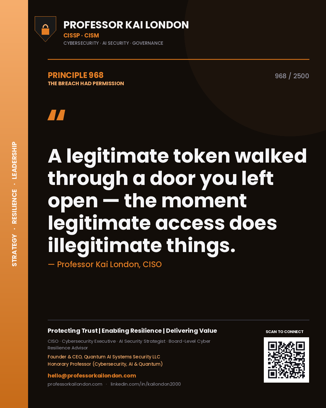 Quote card by Professor Kai London reading 'A legitimate token walked through a door you left open — the moment legitimate access does illegitimate things.'. From the book The Breach Had Permission.