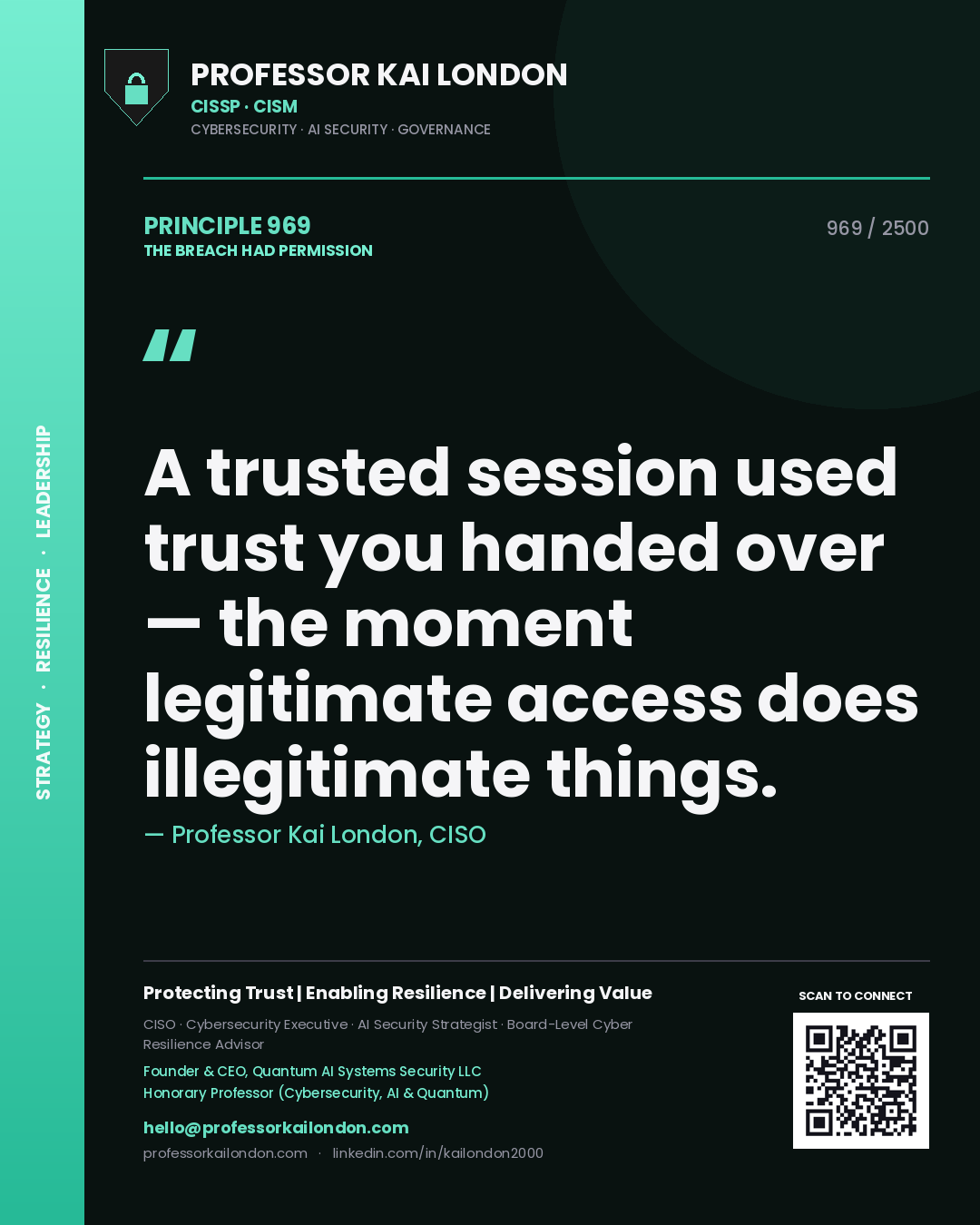 Quote card by Professor Kai London reading 'A trusted session used trust you handed over — the moment legitimate access does illegitimate things.'. From the book The Breach Had Permission.
