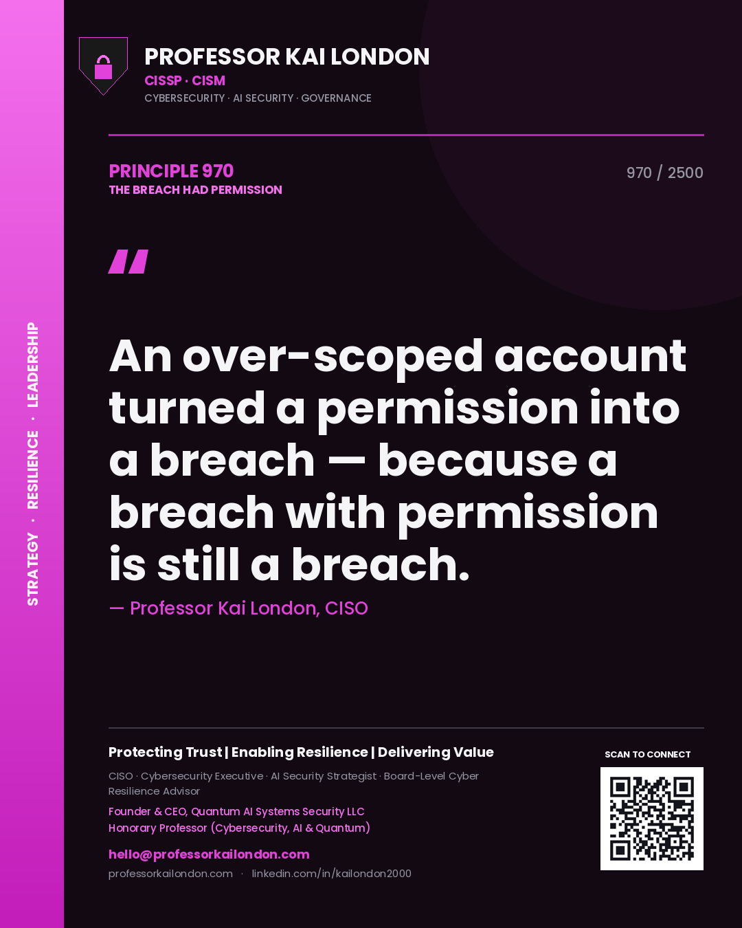 Professor Kai London principle 970: An over-scoped account turned a permission into a breach — because a breach with permission is still a breach.