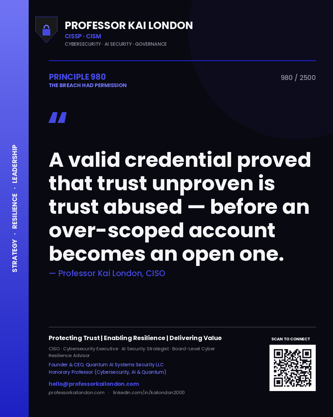 Professor Kai London principle 980: A valid credential proved that trust unproven is trust abused — before an over-scoped account becomes an open one.