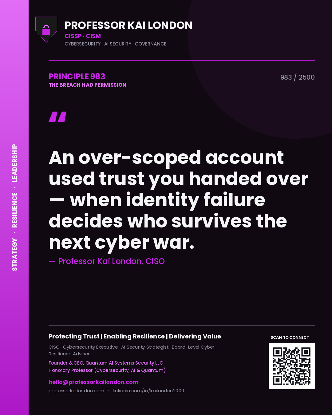 Professor Kai London principle 983: An over-scoped account used trust you handed over — when identity failure decides who survives the next cyber war.