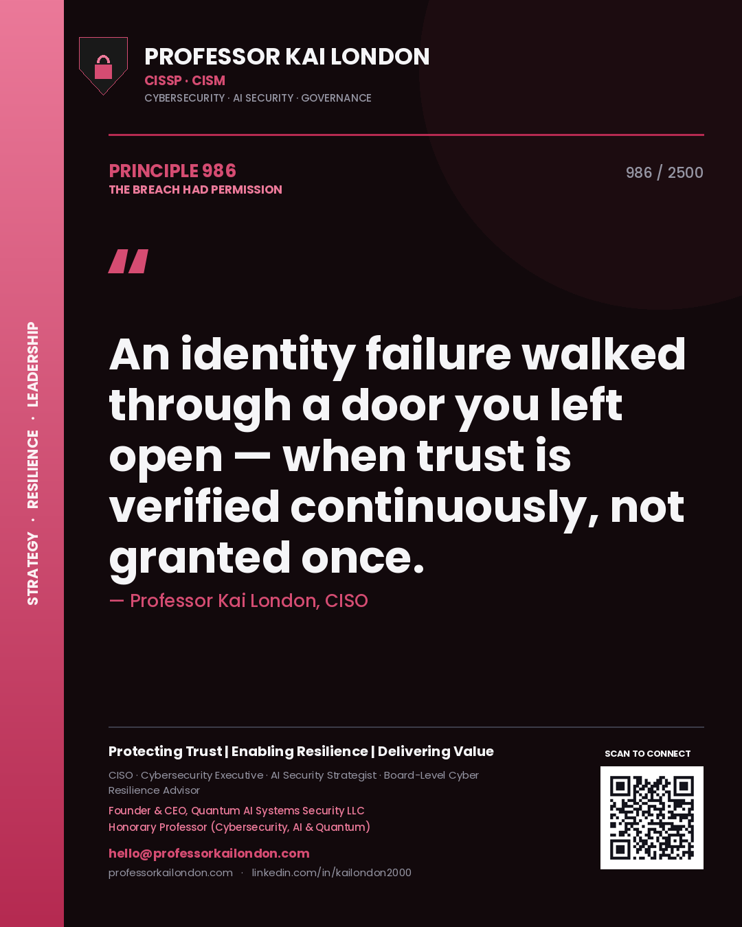 Professor Kai London principle 986: An identity failure walked through a door you left open — when trust is verified continuously, not granted once.