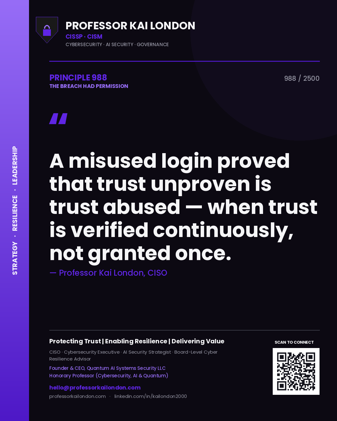 Professor Kai London principle 988: A misused login proved that trust unproven is trust abused — when trust is verified continuously, not granted once.
