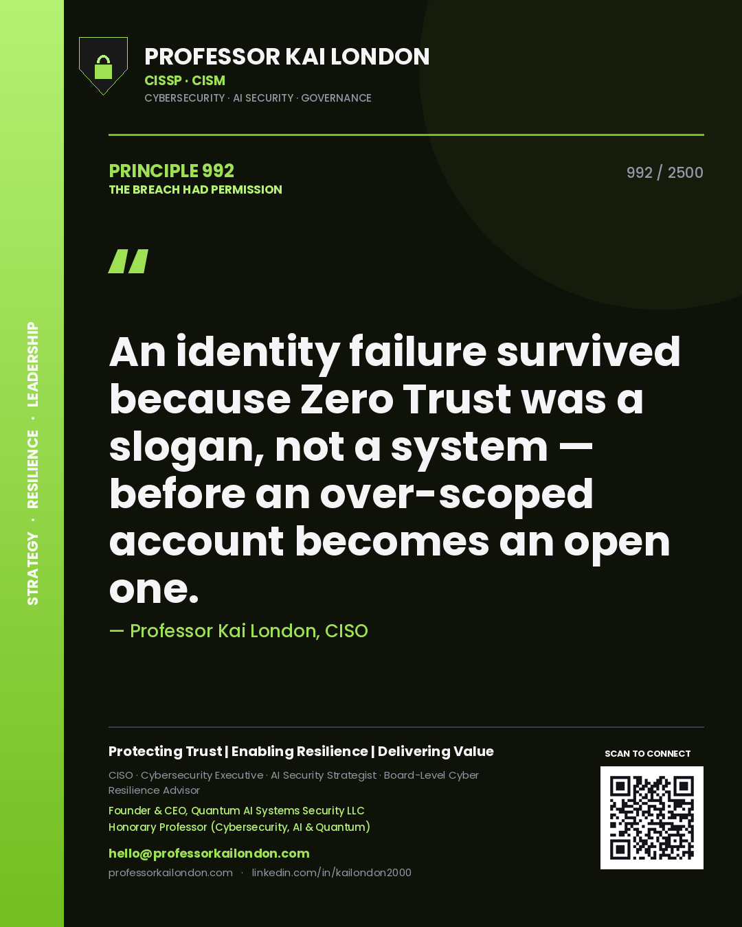 Professor Kai London principle 992: An identity failure survived because Zero Trust was a slogan, not a system — before an over-scoped account becomes an open one.