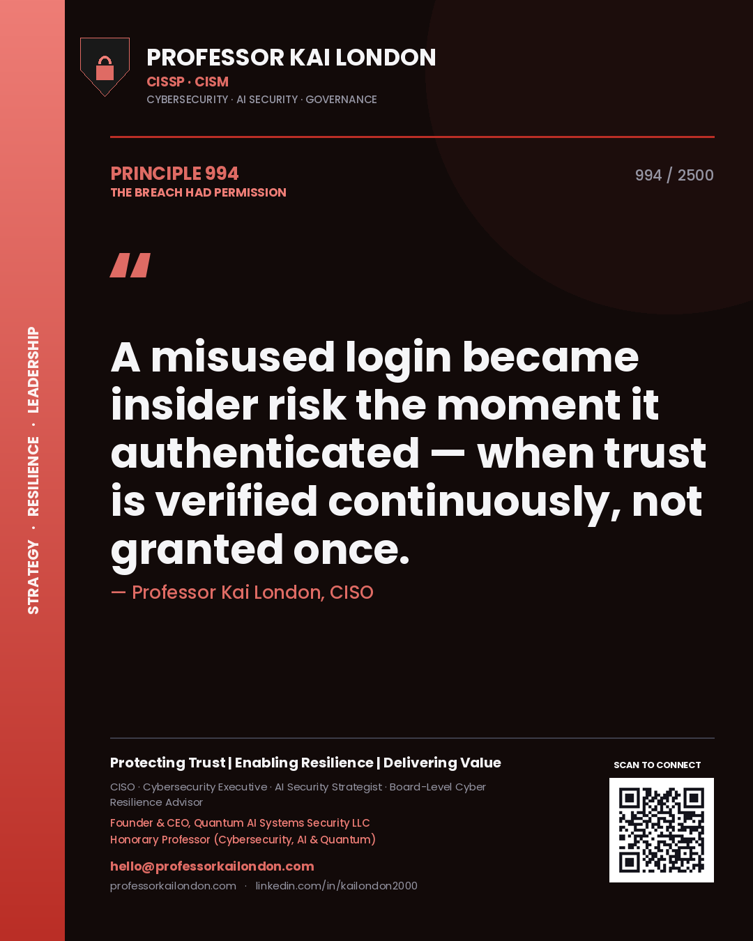 Quote card by Professor Kai London reading 'A misused login became insider risk the moment it authenticated — when trust is verified continuously, not granted once.'. From the book The Breach Had Permission.