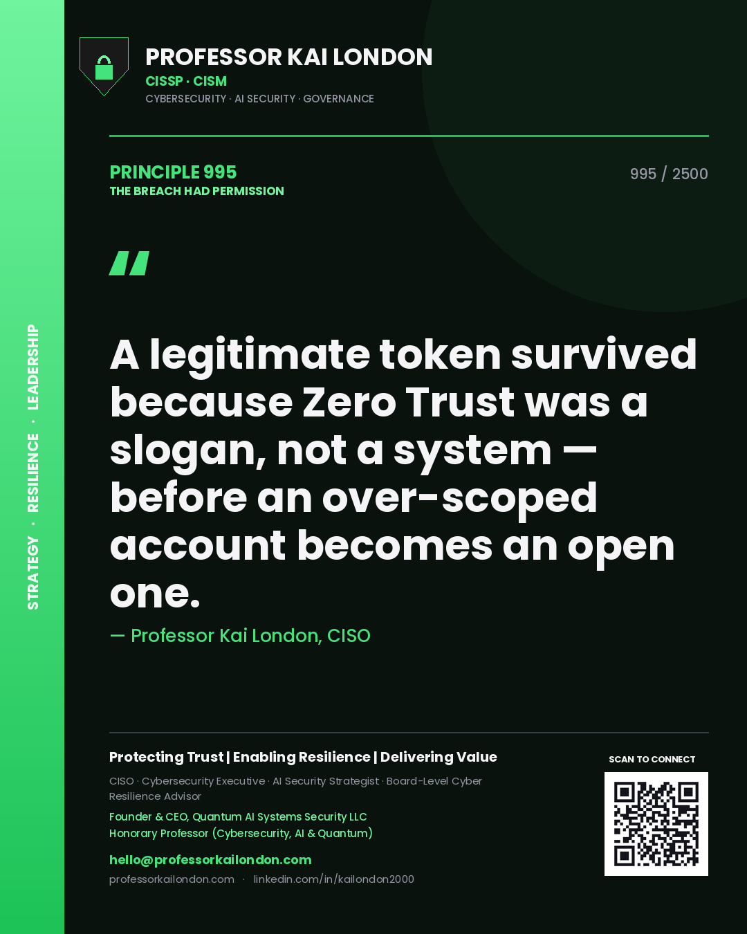 Quote card by Professor Kai London reading 'A legitimate token survived because Zero Trust was a slogan, not a system — before an over-scoped account becomes an open one.'. From the book The Breach Had Permission.